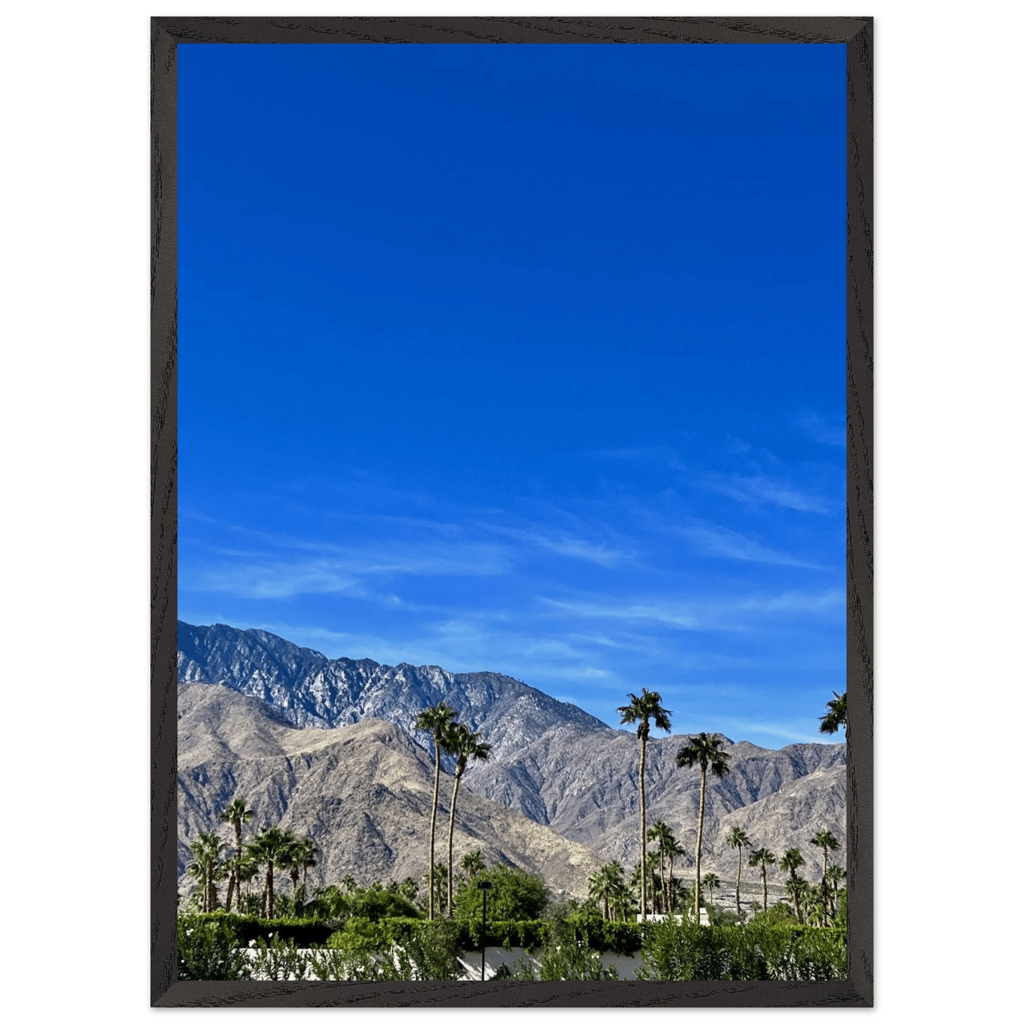 Wooden framed poster of a sunny fall day in Palm Springs, California, featuring vibrant autumn colors and scenic landscape art.