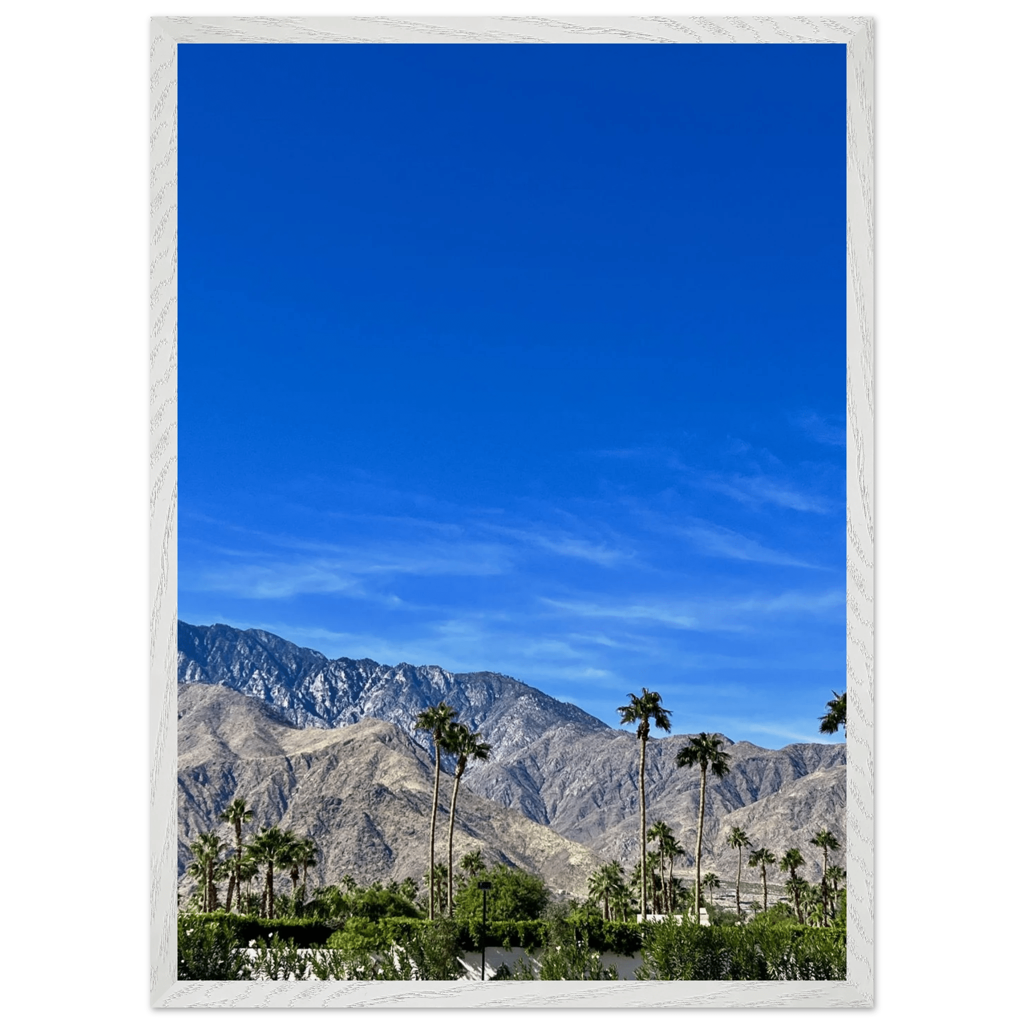 Wooden framed poster featuring a sunny fall day scene in Palm Springs, California, with vibrant colors and artistic studio edition print.