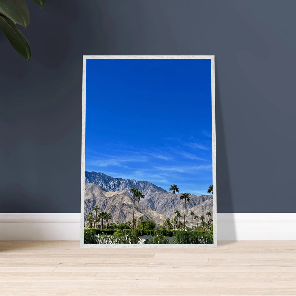 Premium wooden framed poster featuring a sunny fall day scene in Palm Springs California, studio edition art print, 15x20 cm.