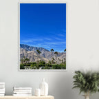 Wooden framed poster of a sunny fall day in Palm Springs, California, featuring vibrant autumn scenery in a studio edition print.