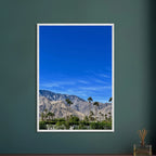 Premium wooden framed poster depicting a sunny fall day in Palm Springs California, featuring vibrant autumn landscape art.