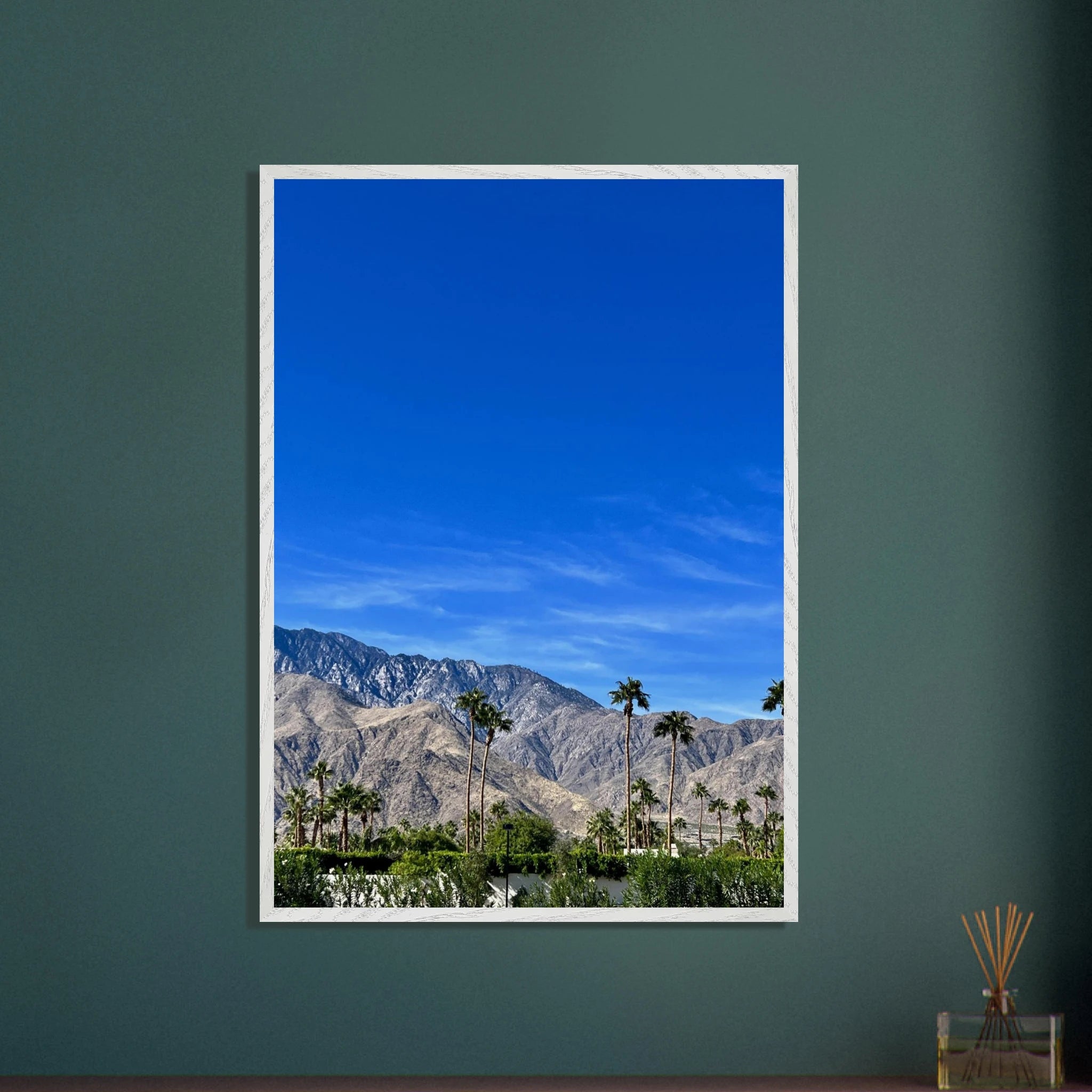 Premium wooden framed poster depicting a sunny fall day in Palm Springs California, featuring vibrant autumn landscape art.