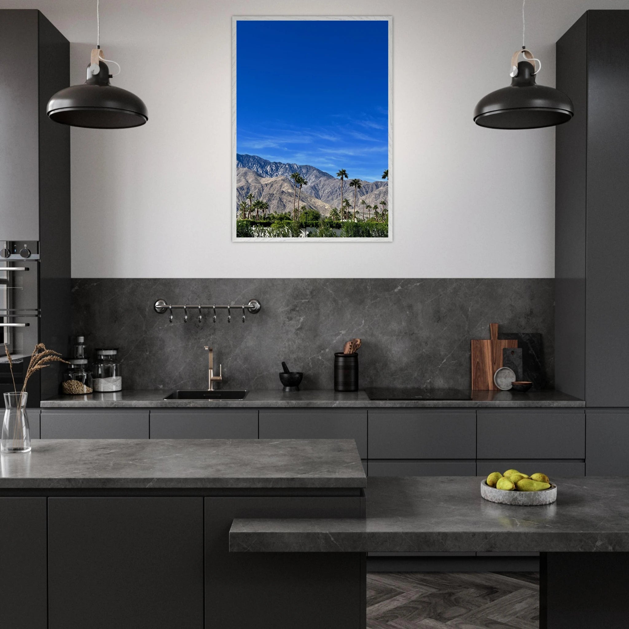 Wooden framed poster of a sunny fall day in Palm Springs California, featuring vibrant autumn scenery and stylish studio edition art.