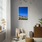Premium wooden framed poster of a sunny fall day in Palm Springs California, featuring vibrant autumn scenery and art details.