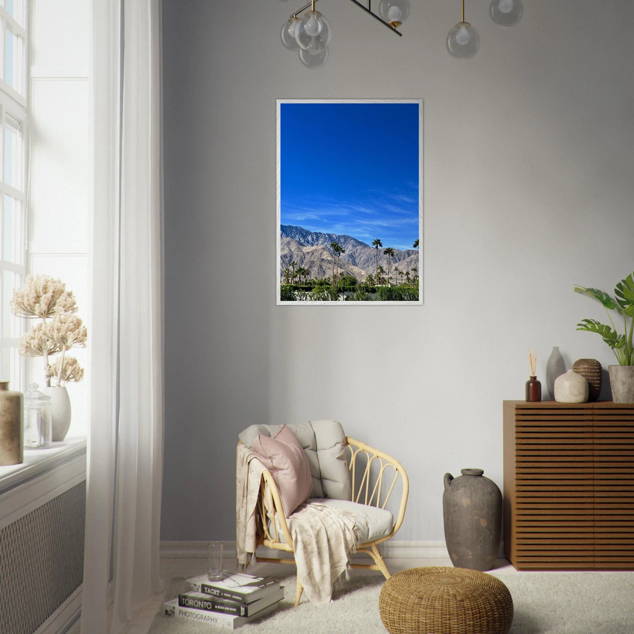 Premium wooden framed poster of a sunny fall day in Palm Springs California, featuring vibrant autumn scenery and art details.