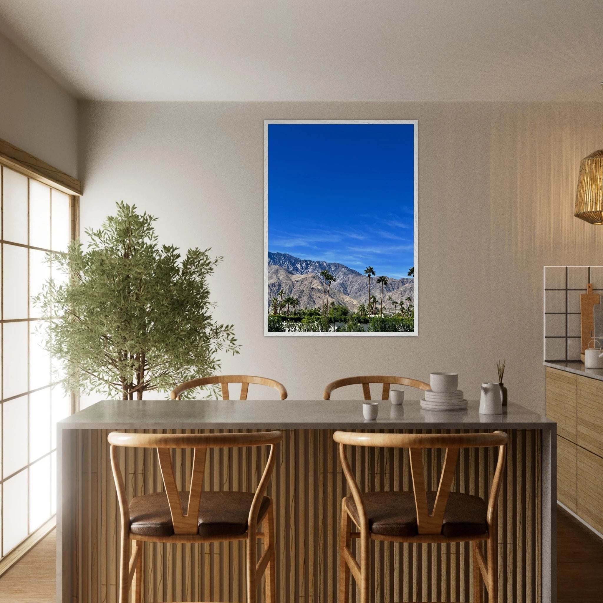 Wooden framed poster featuring a sunny fall day in Palm Springs California, studio edition art print, 15x20 cm.