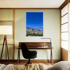 Wooden framed print featuring a sunny fall day scene in Palm Springs, California, showcasing vibrant colors and scenic landscape art.