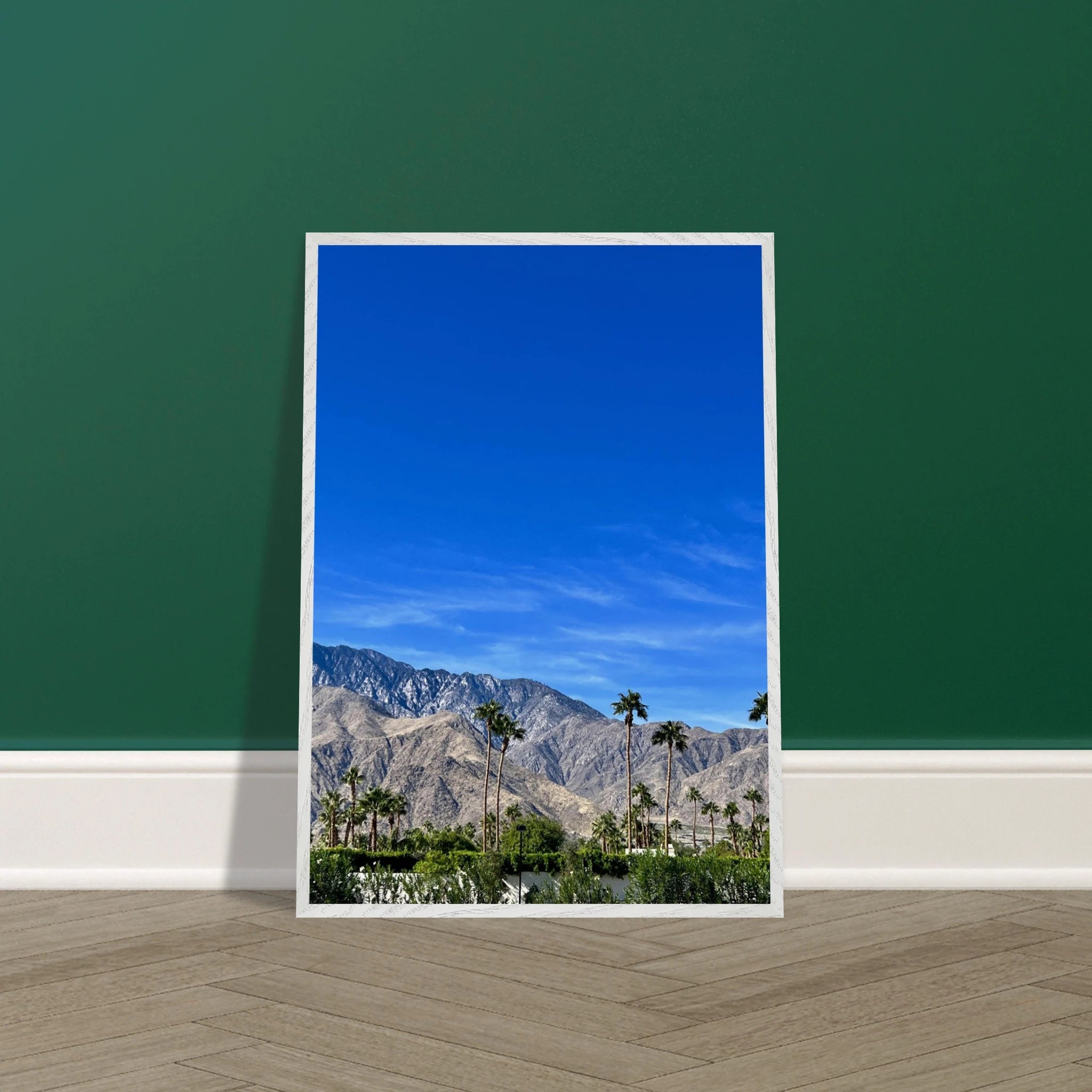 Wooden framed poster featuring a sunny fall day in Palm Springs California, studio edition cityscape print artwork.