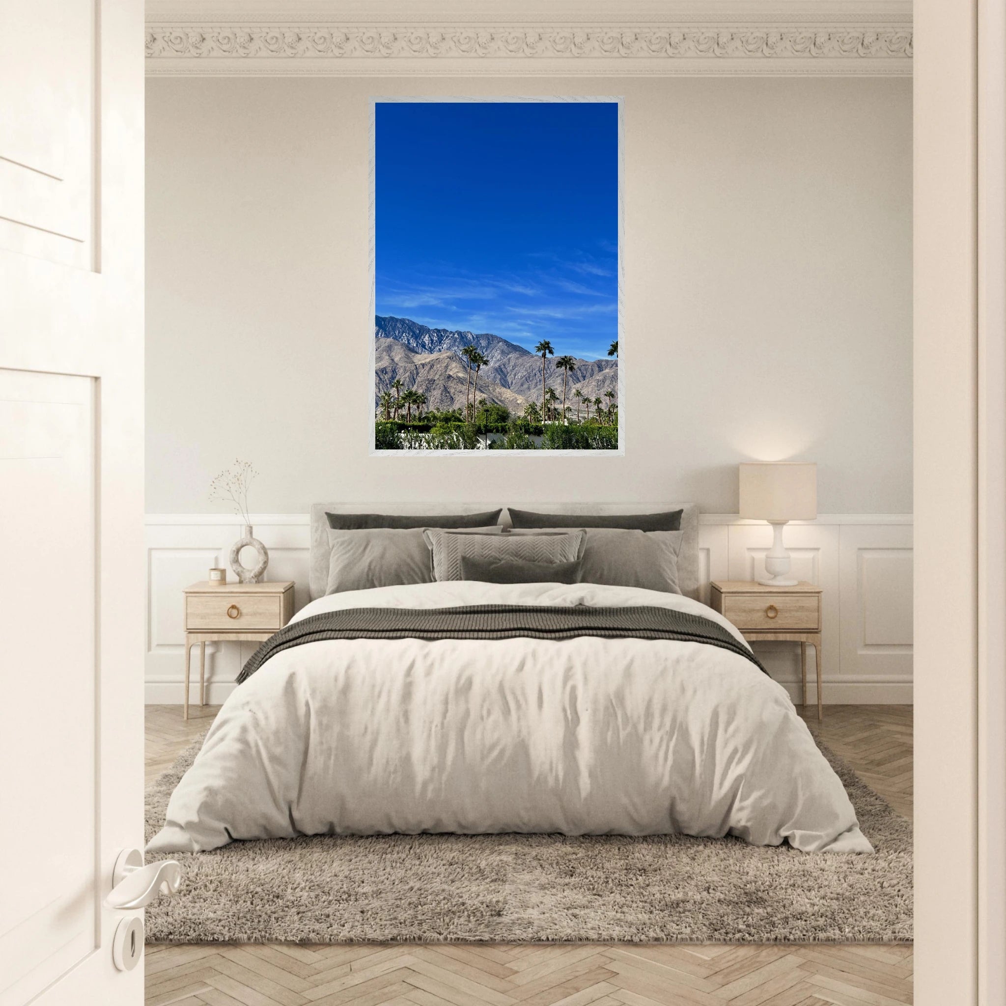 Wooden framed poster of a sunny fall day in Palm Springs, California, featuring vibrant outdoor scenery and colorful autumn leaves.