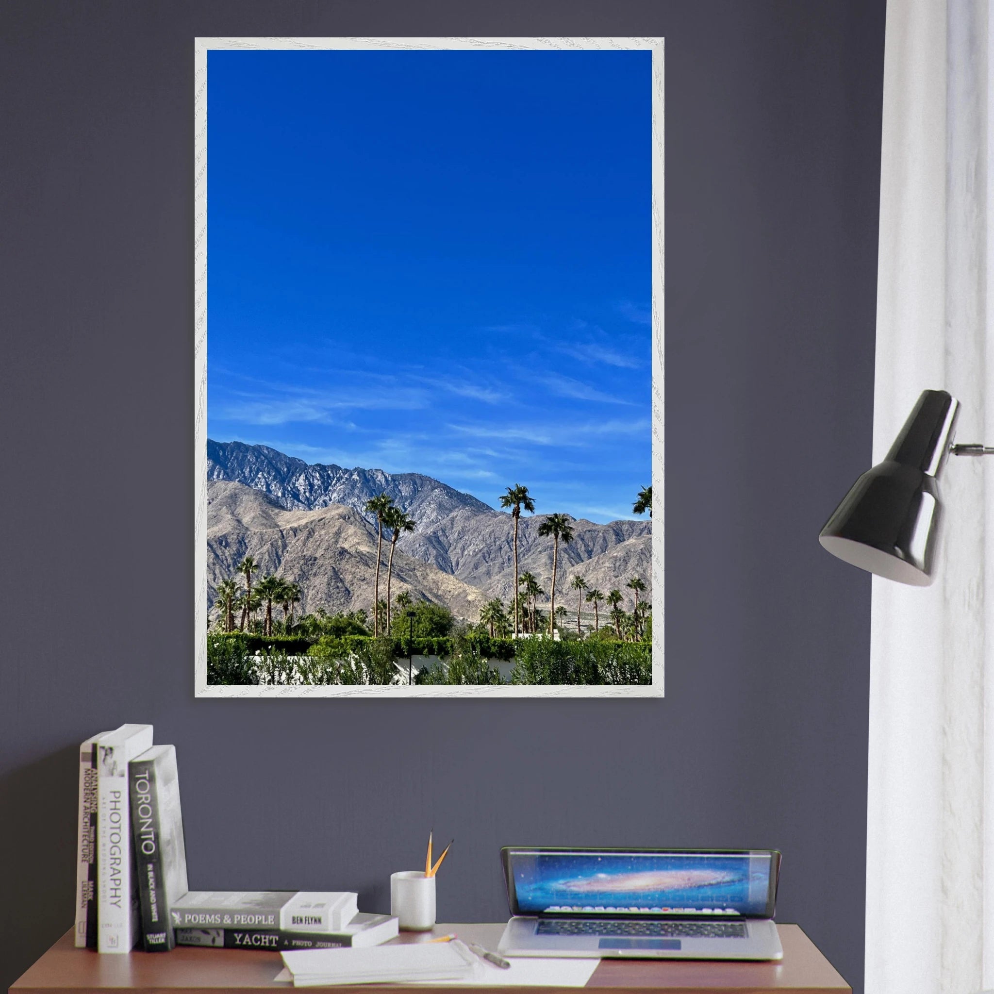 Premium wooden framed poster of a sunny fall day in Palm Springs California, featuring vibrant landscape artwork.