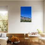Premium wooden framed poster of a sunny fall day in Palm Springs California, featuring vibrant desert landscape art.