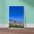 Premium wooden framed poster of a sunny fall day in Palm Springs, California, featuring vibrant autumn scenery and stylish studio art.