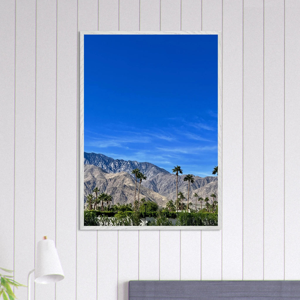 Wooden framed poster of a sunny fall day in Palm Springs, California, featuring vibrant autumn scenery and colorful foliage.