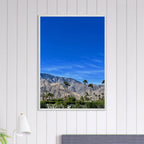 Wooden framed poster of a sunny fall day in Palm Springs, California, featuring vibrant autumn scenery and colorful foliage.