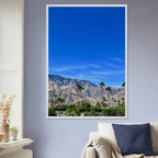 Wooden framed print of a sunny fall day in Palm Springs California, featuring vibrant outdoor scenery and colorful foliage.