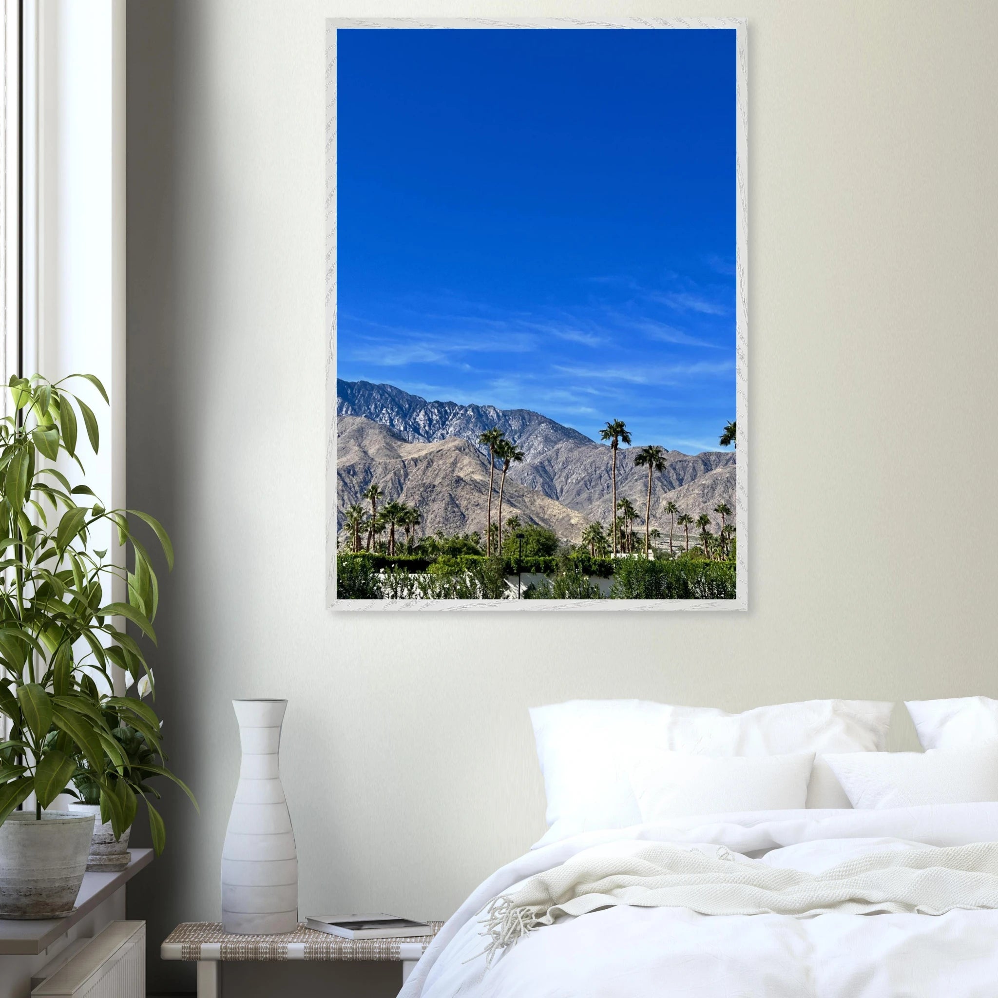 Wooden framed poster of a sunny fall day in Palm Springs, California, showcasing vibrant autumn colors and scenic desert landscape.