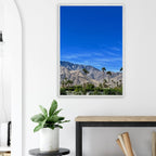 Premium wooden framed poster of a sunny fall day in Palm Springs California, showcasing colorful autumn scenery and stylish decor.