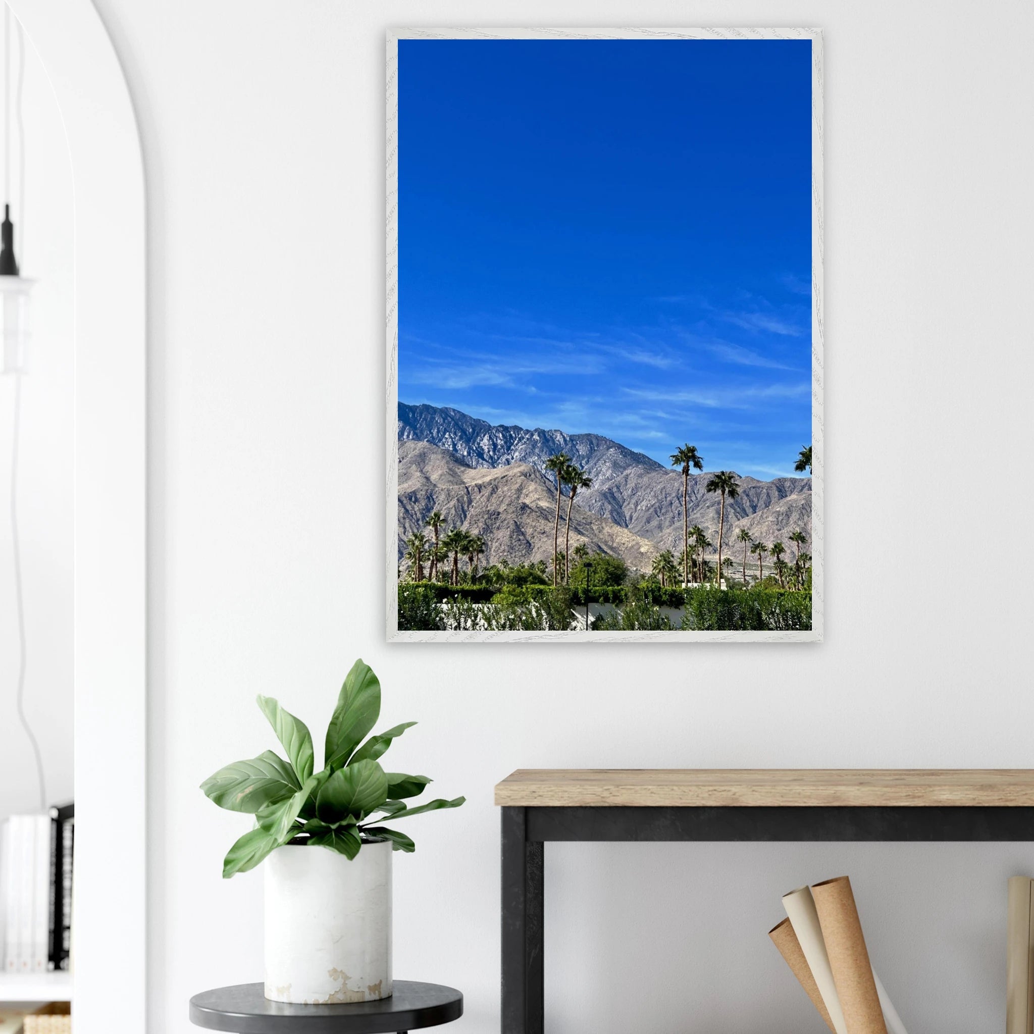 Premium wooden framed poster of a sunny fall day in Palm Springs California, showcasing colorful autumn scenery and stylish decor.