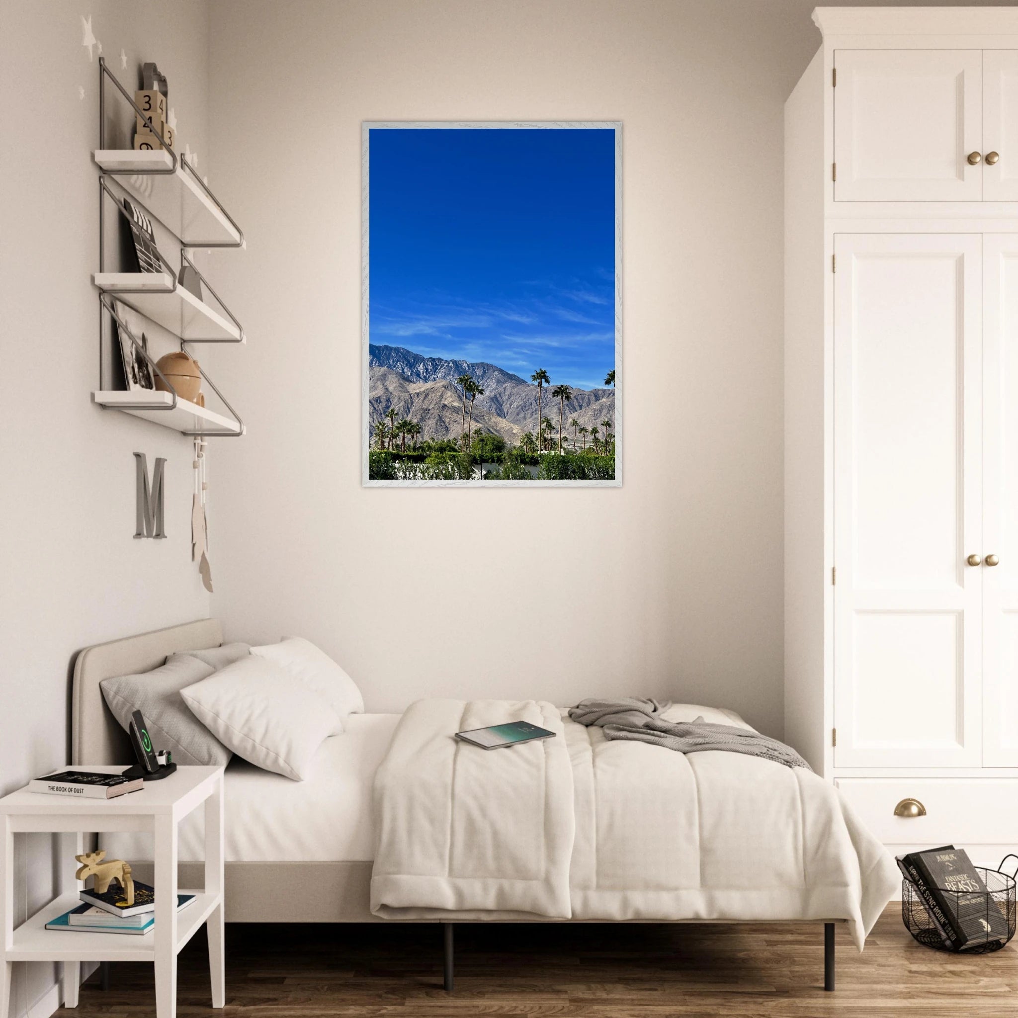 Wooden framed poster of a sunny fall day in Palm Springs, California, featuring vibrant colors and scenic outdoor landscape art.