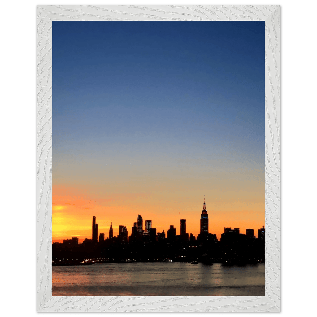 Wooden framed poster of Manhattan skyline at sunset, wall art from the Travel Collection, Studio Edition, perfect for home decor.