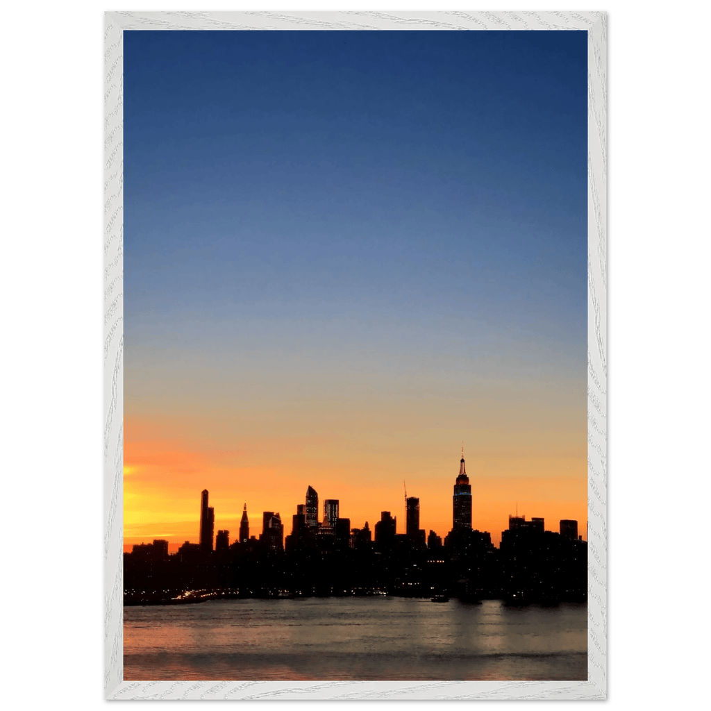 Manhattan skyline sunset framed poster, NYC wall art on premium wooden frame, 15x20 cm, home decor, majestic urban landscape.