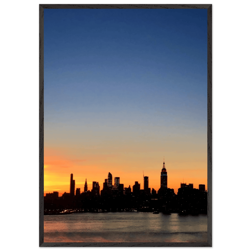 Manhattan Skyline Sunset framed poster wall art with wooden frame, ideal for home decor and NYC travel collection display.