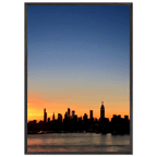 Manhattan Skyline Sunset framed poster wall art with wooden frame, ideal for home decor and NYC travel collection display.