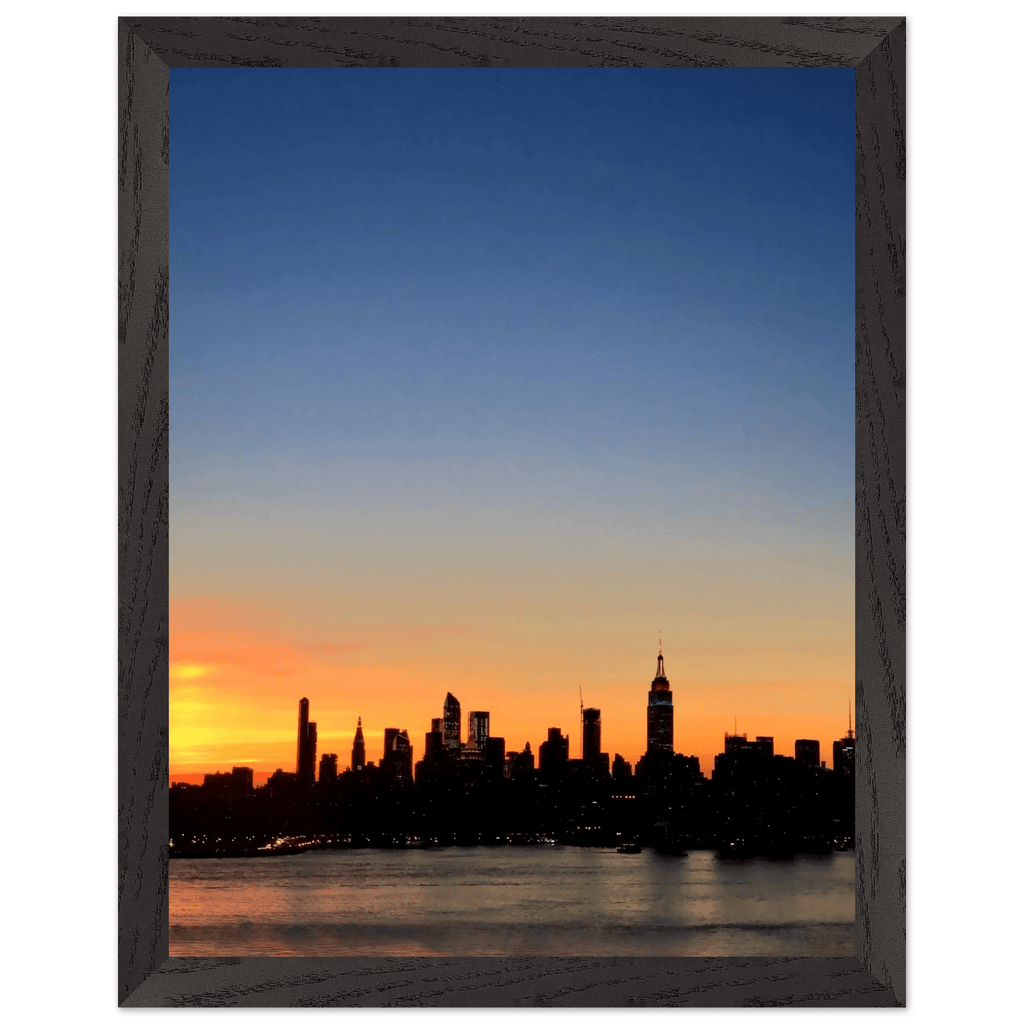 Manhattan Skyline Sunset framed poster featuring NYC wall art, premium wooden frame, ideal for home decor and travel collection display.