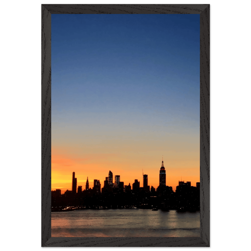 Manhattan Skyline sunset framed poster by My Store, 15x20 cm print on premium wood with white frame, NYC wall art for home decor.