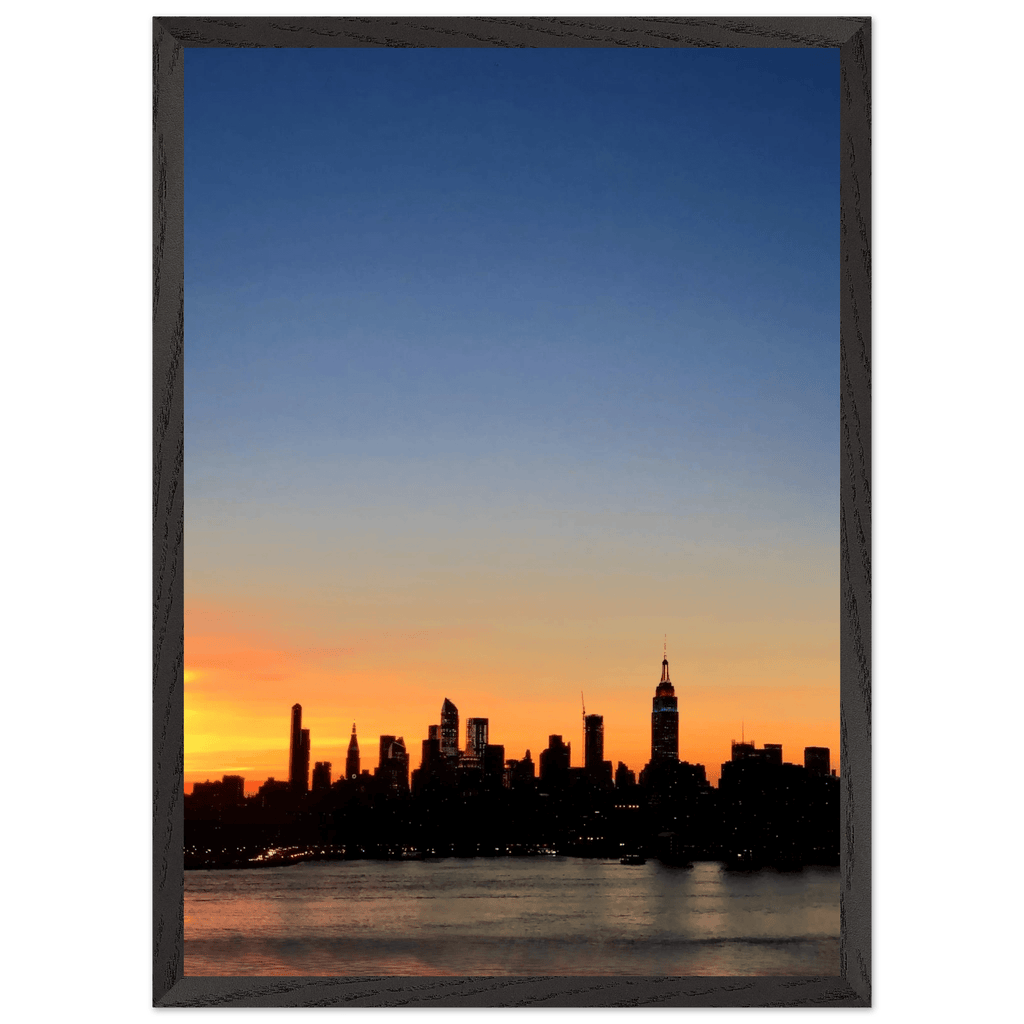 Wooden framed Manhattan Skyline sunset poster, majestic travel-themed wall art, perfect for home décor, Studio Edition from My Store.