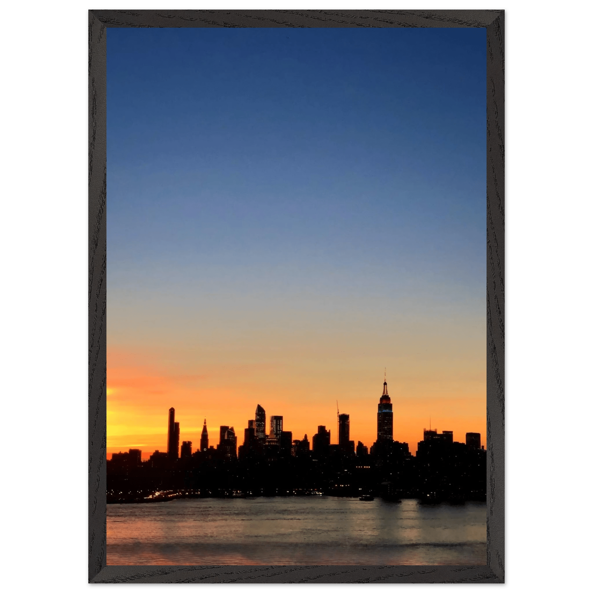 Wooden framed Manhattan Skyline sunset poster, majestic travel-themed wall art, perfect for home décor, Studio Edition from My Store.
