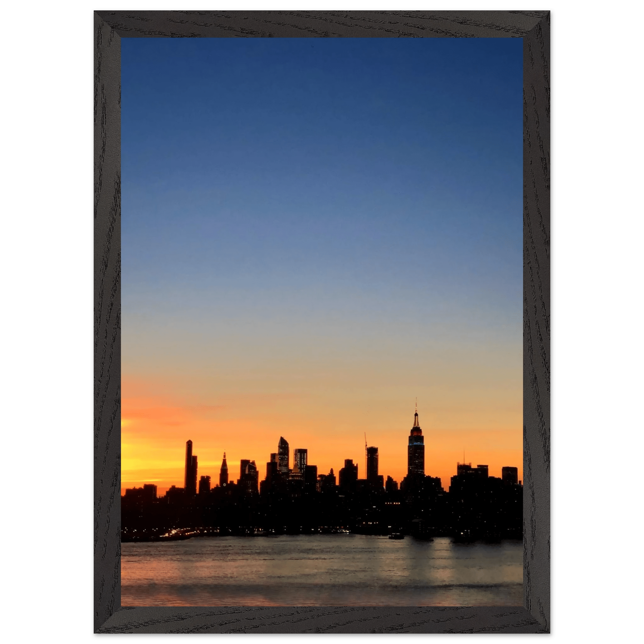 Wooden framed Manhattan skyline sunset poster, majestic travel wall art for home décor, studio edition from holiday collection.
