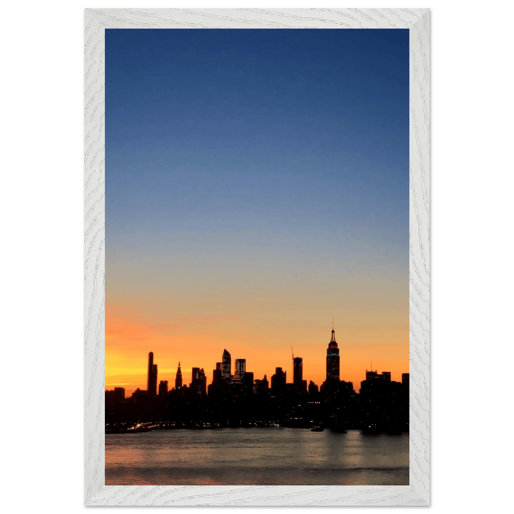 Manhattan Skyline Sunset framed poster, NYC wall art print on premium wood frame, perfect for home decor and travel collection display.