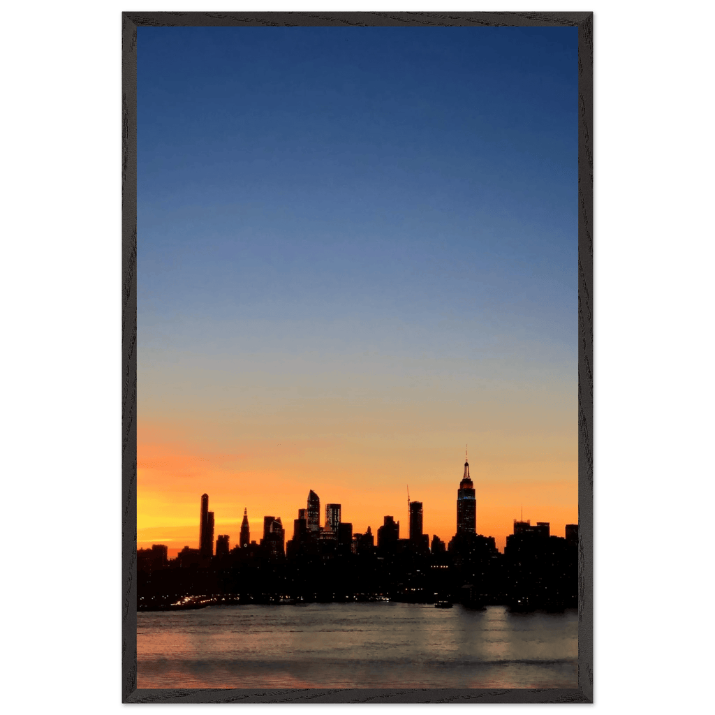 Wooden framed Manhattan Skyline sunset print, majestic wall art for home décor from travel collection, Studio Edition.