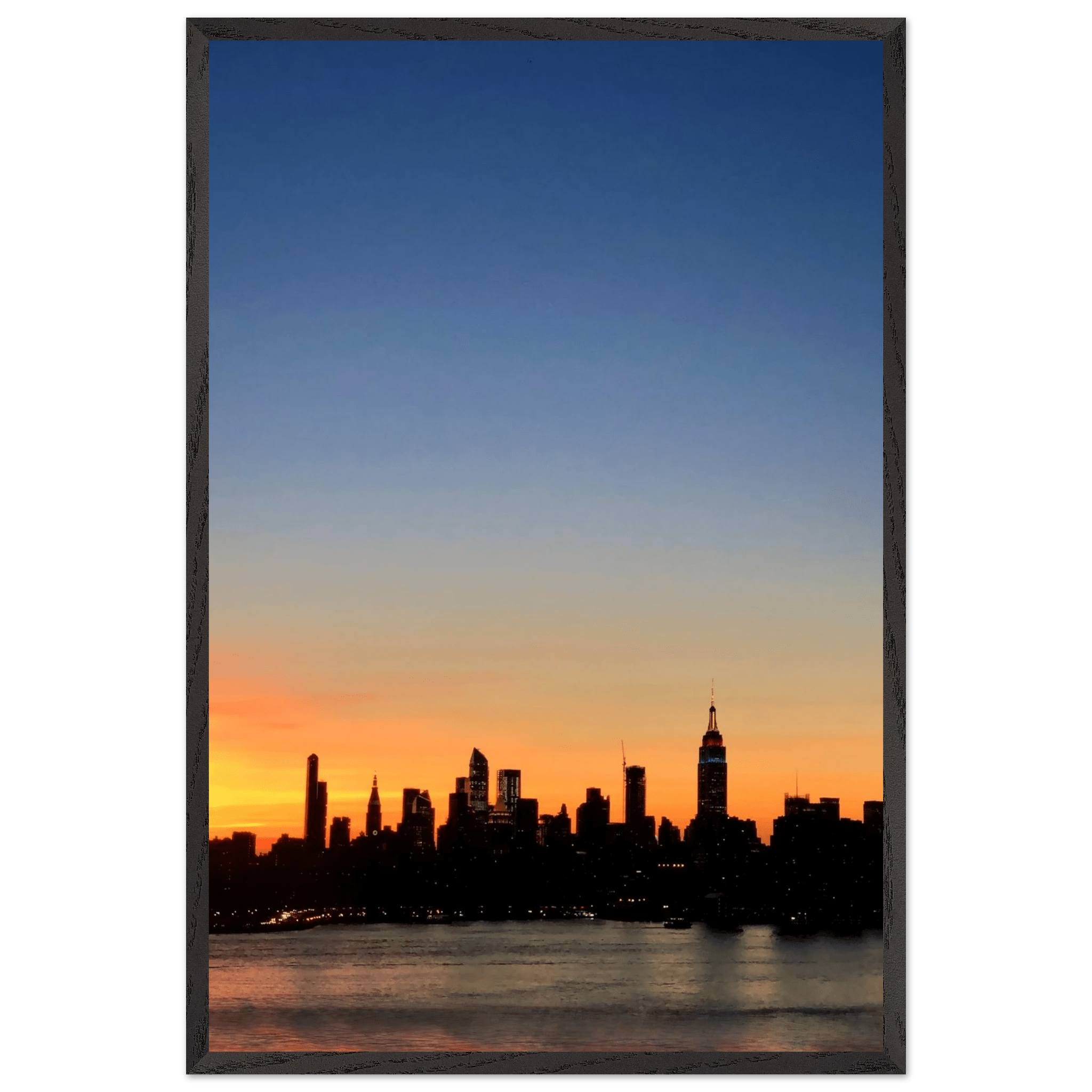 Wooden framed Manhattan Skyline sunset print, majestic wall art for home décor from travel collection, Studio Edition.