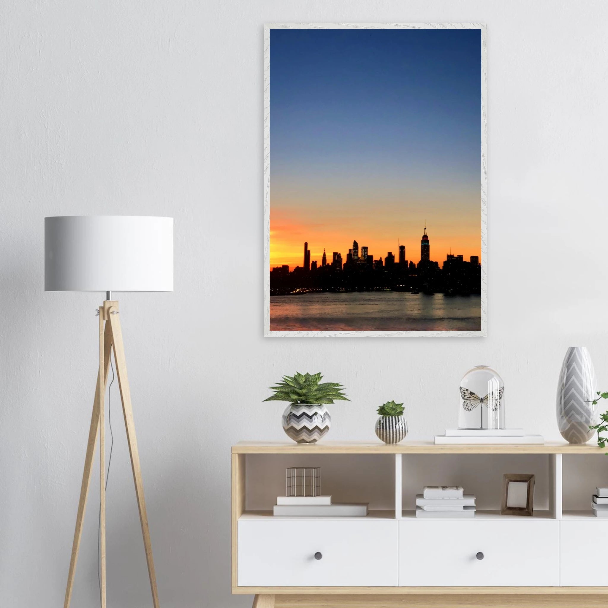 Wooden framed Manhattan Skyline sunset poster, majestic wall art for home decor, part of travel collection studio edition.