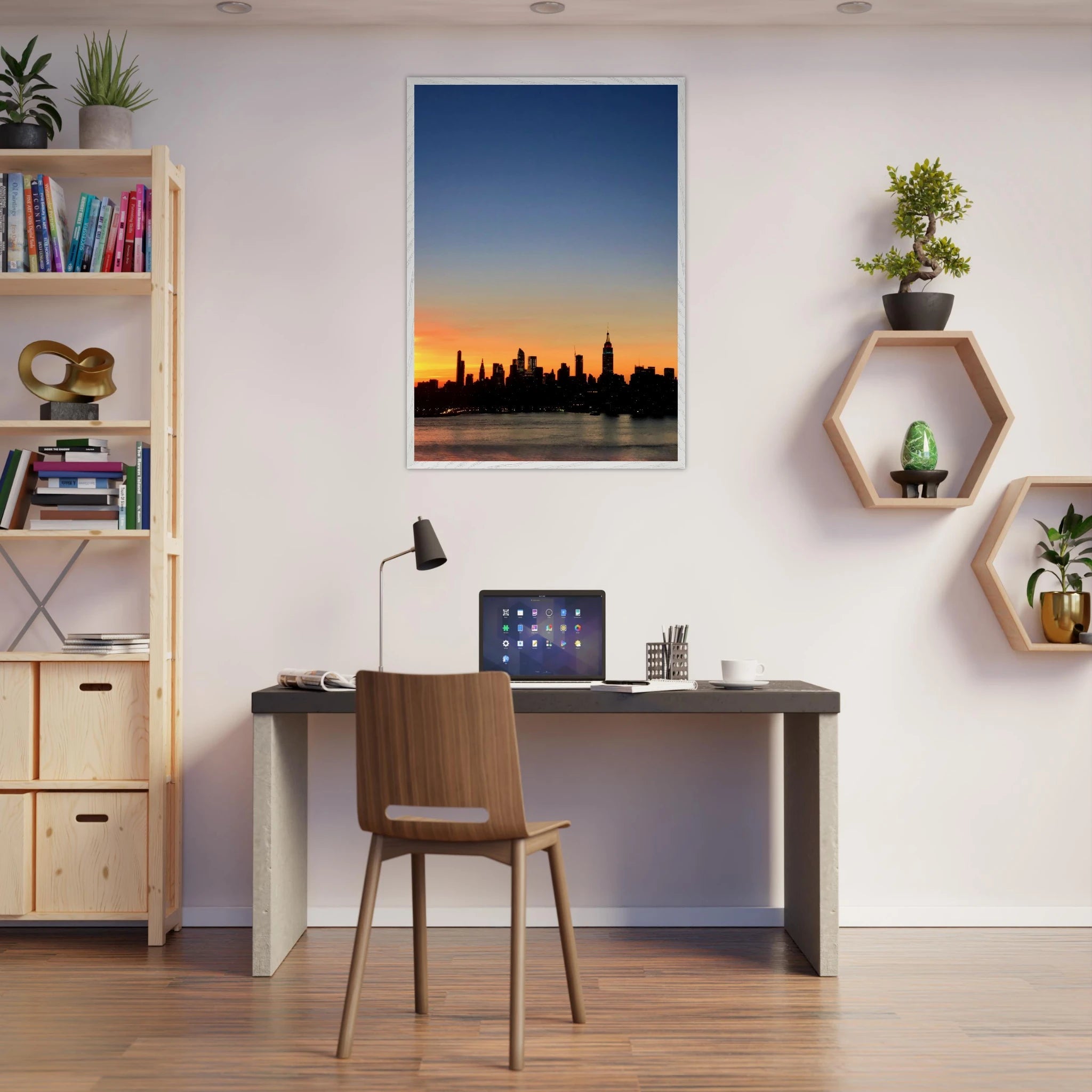 Wooden framed Manhattan skyline sunset poster from the Travel Collection, featuring a striking cityscape wall art for home decor.