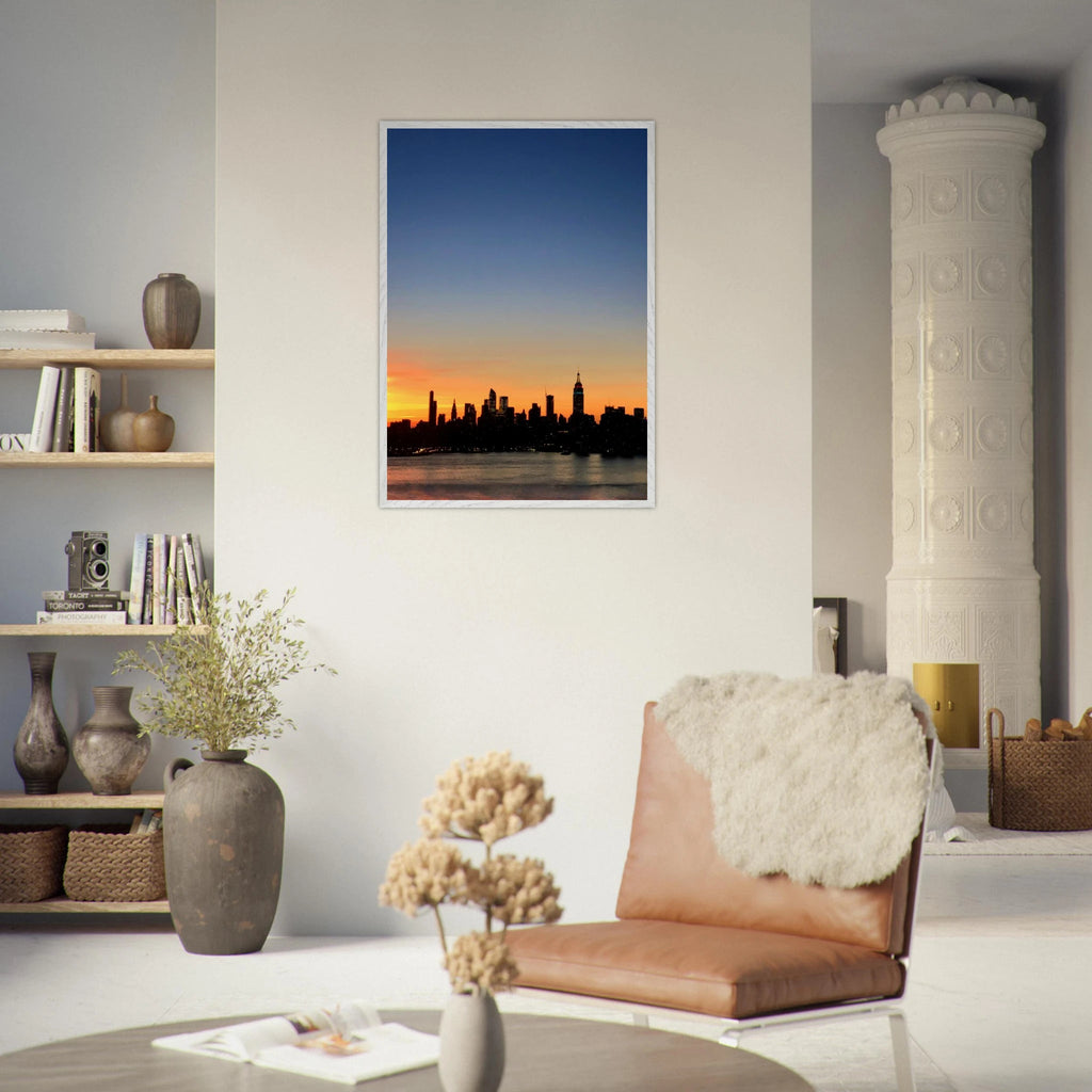 Wooden framed Manhattan Skyline Sunset poster, vibrant cityscape wall art, perfect for home decor in travel collection style.
