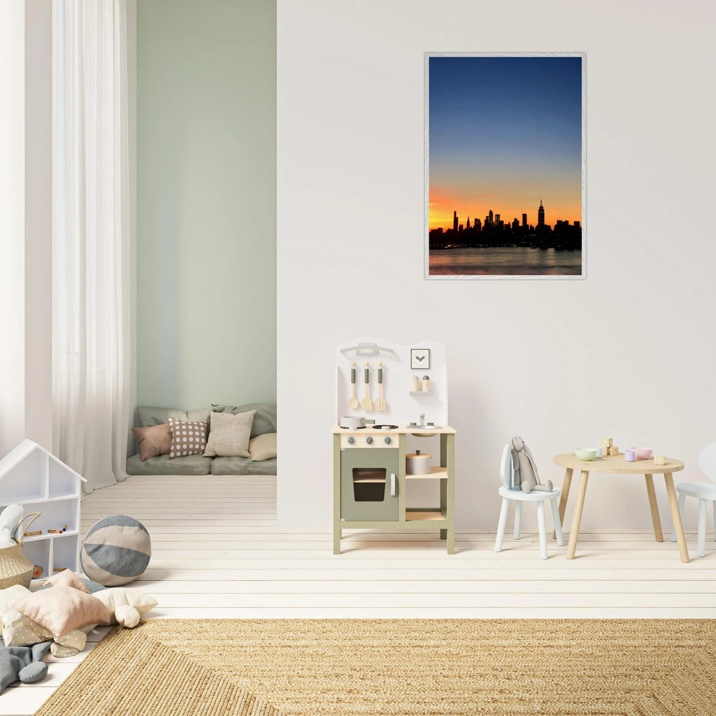Wooden framed Manhattan skyline sunset poster, majestic travel wall art, studio edition, perfect for home décor.