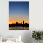Wooden framed Manhattan skyline sunset poster, majestic wall art from travel collection, perfect for home décor.