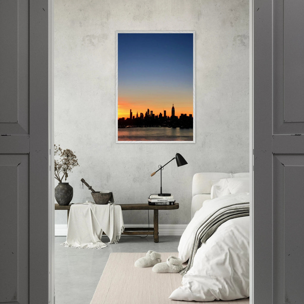 Wooden framed Manhattan skyline sunset poster, travel-themed wall art, vibrant cityscape print for home decor.