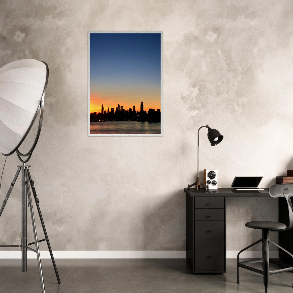Wooden framed Manhattan Skyline sunset poster, travel-inspired wall art with vibrant cityscape for home decor.