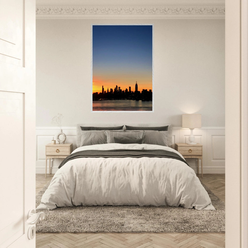 Wooden framed Manhattan skyline sunset poster, majestic cityscape wall art, perfect for home décor from the Travel Collection.