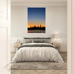 Wooden framed Manhattan skyline sunset poster, majestic cityscape wall art, perfect for home décor from the Travel Collection.