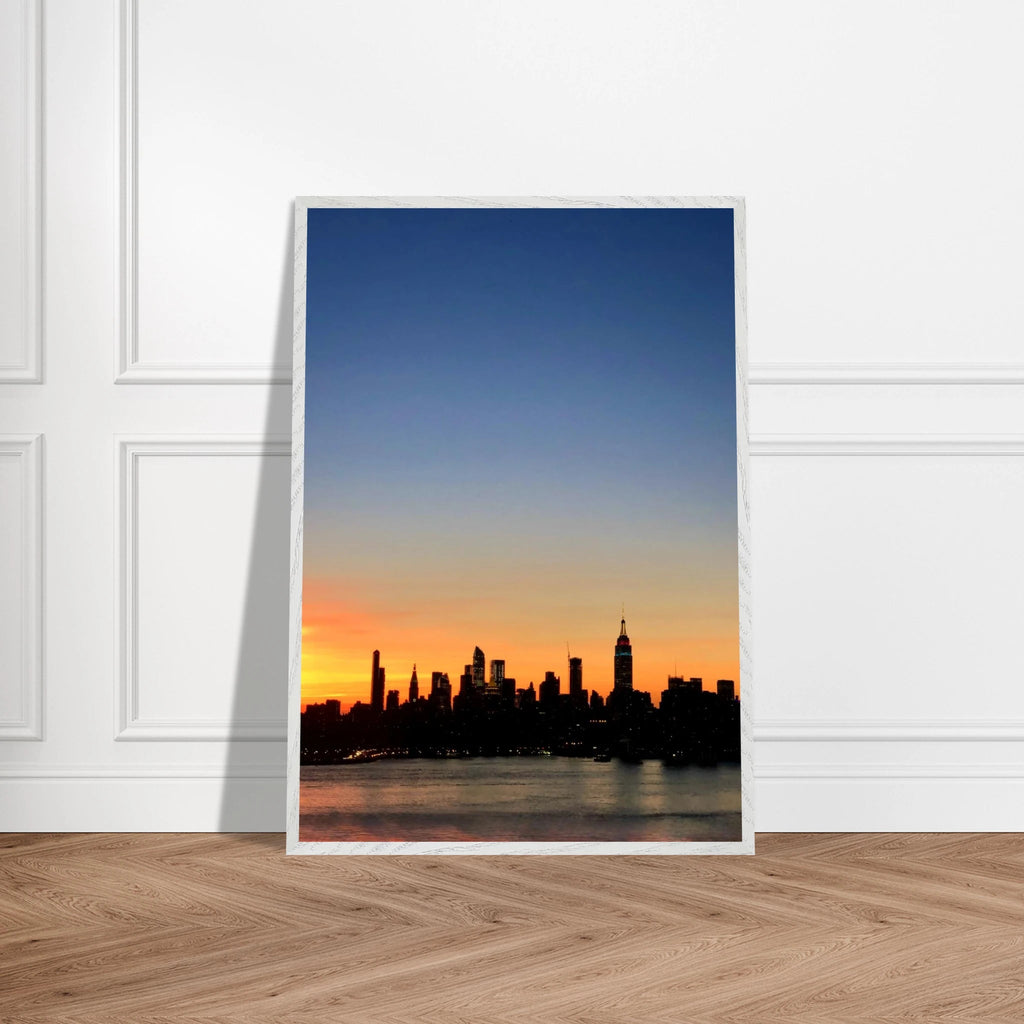Wooden framed Manhattan skyline sunset poster, majestic cityscape wall art for home decor, part of travel collection studio edition.