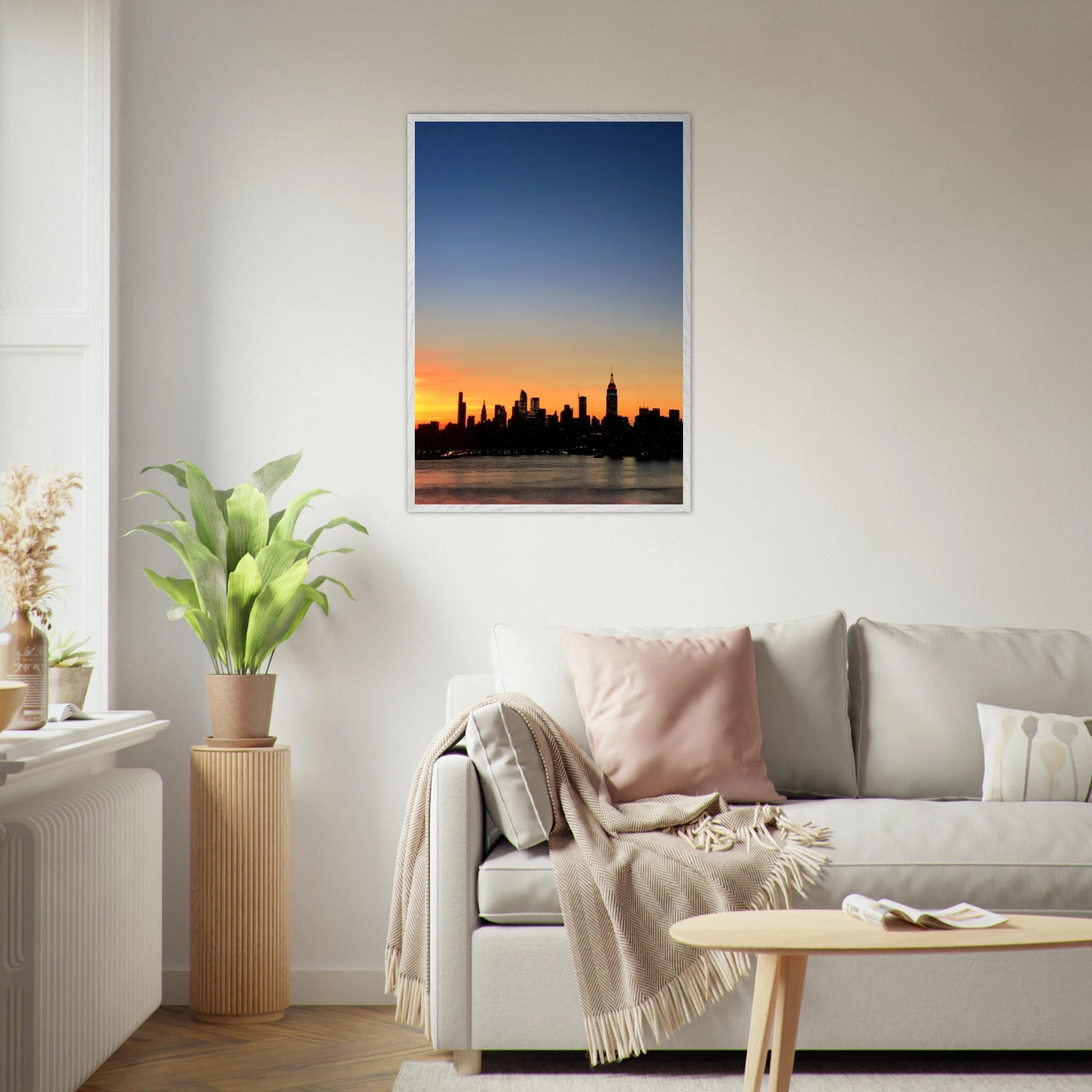 Wooden framed Manhattan skyline sunset print, majestic wall art for home decor from the Travel Collection Studio Edition.