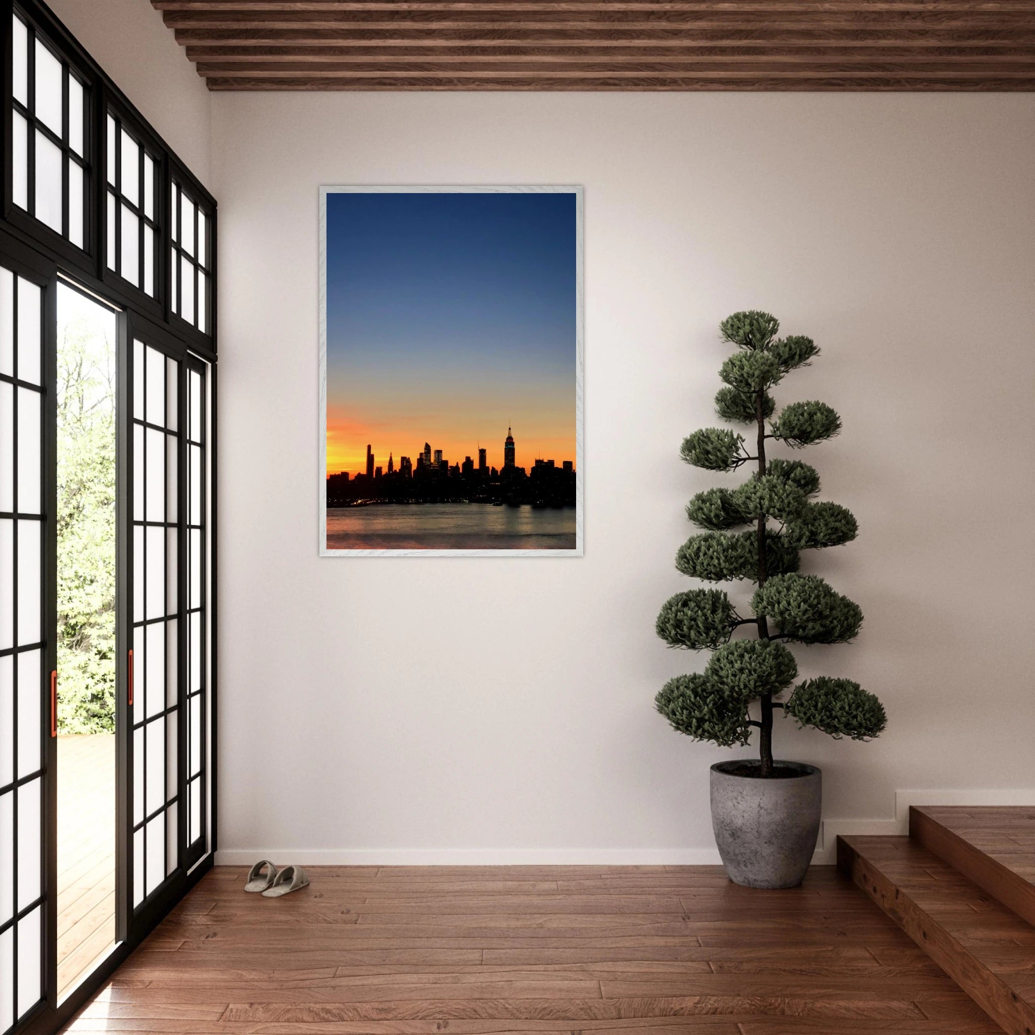 Wooden framed Manhattan Skyline Sunset poster, majestic cityscape wall art, perfect for home décor in the travel collection.