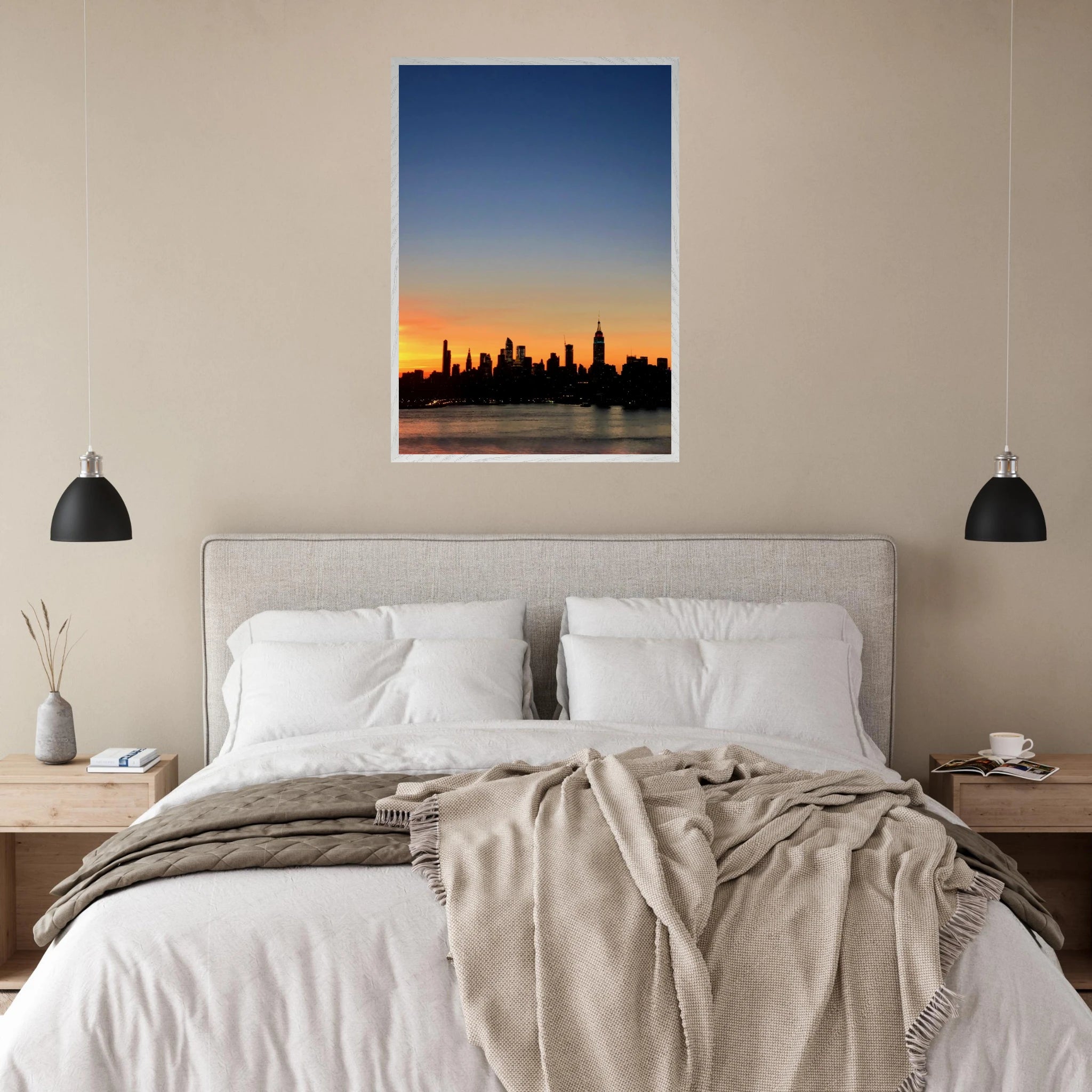 Wooden framed Manhattan Skyline sunset poster from My Store's travel collection, showcasing a vibrant cityscape wall art.