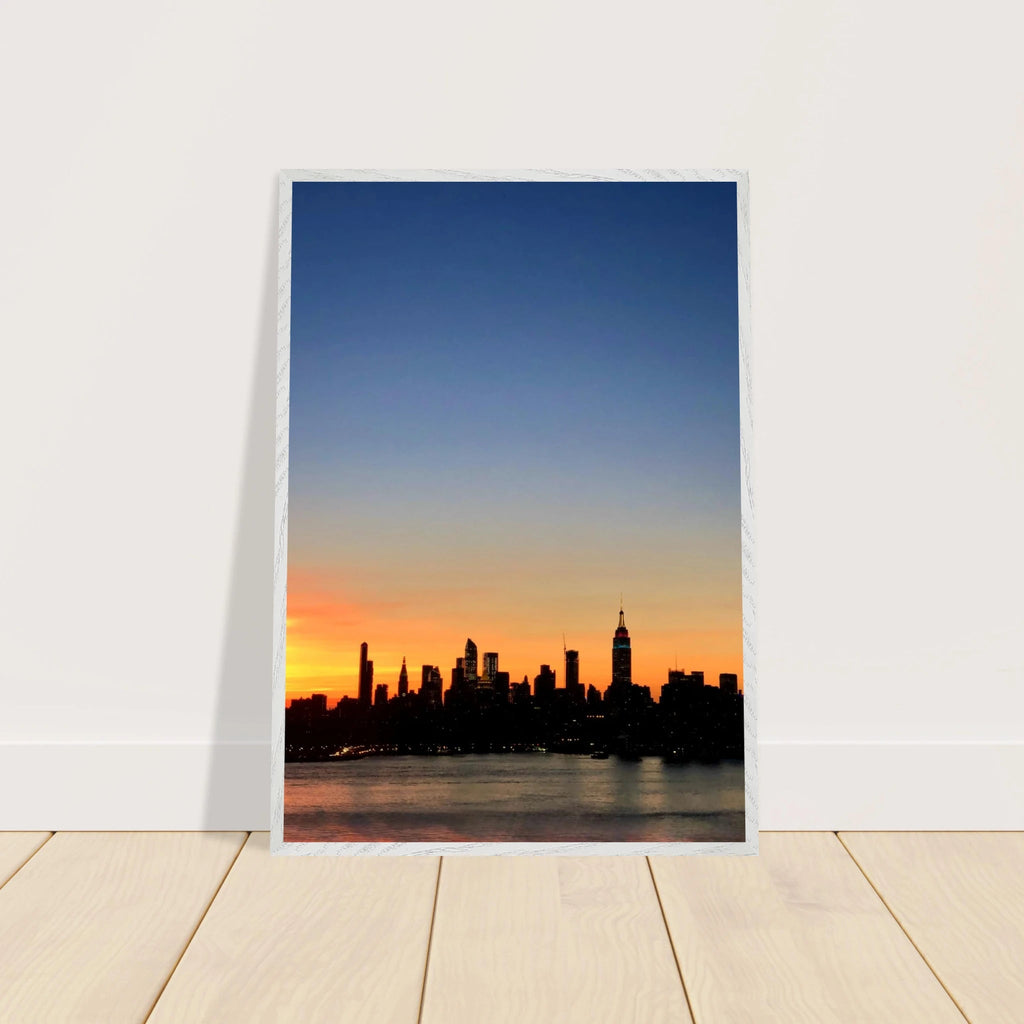 Wooden framed Manhattan skyline sunset poster, majestic cityscape wall art for home décor from the Travel Collection.