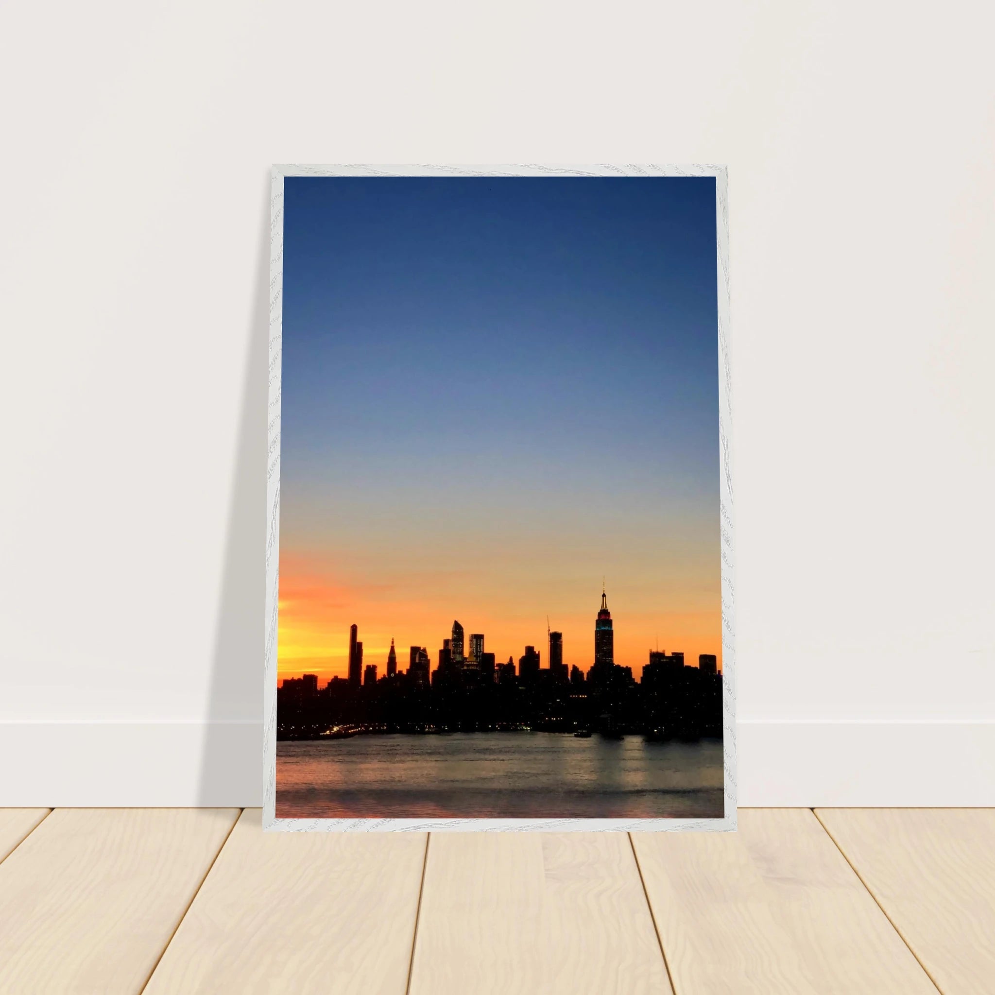 Wooden framed Manhattan skyline sunset poster, majestic cityscape wall art for home décor from the Travel Collection.